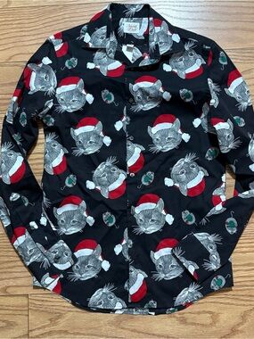 North Pole Christmas Holiday Santa Cat Button Down Festive Shirt Small